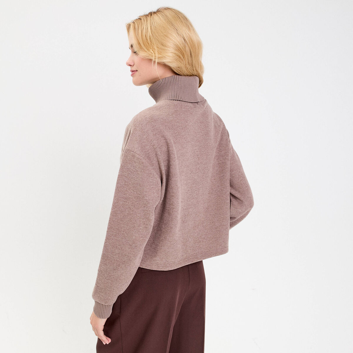 Sweat col roul&eacute; manches longues terracotta femme