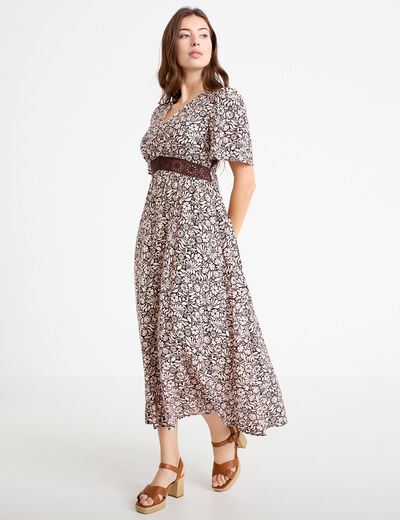 Robe longue &eacute;vas&eacute;e col v manches courtes marron femme