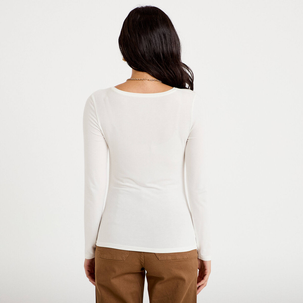 T-shirt uni &agrave; manches longues ecru femme