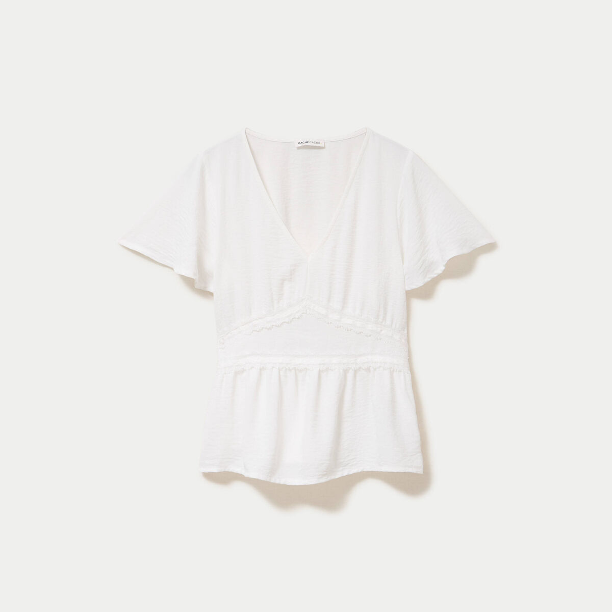 Blouse droite col v manches courtes ecru femme
