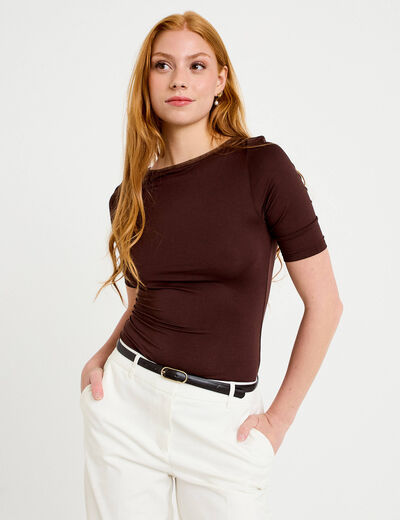 T-shirt ajust&eacute; manches courtes marron fonc&eacute; femme