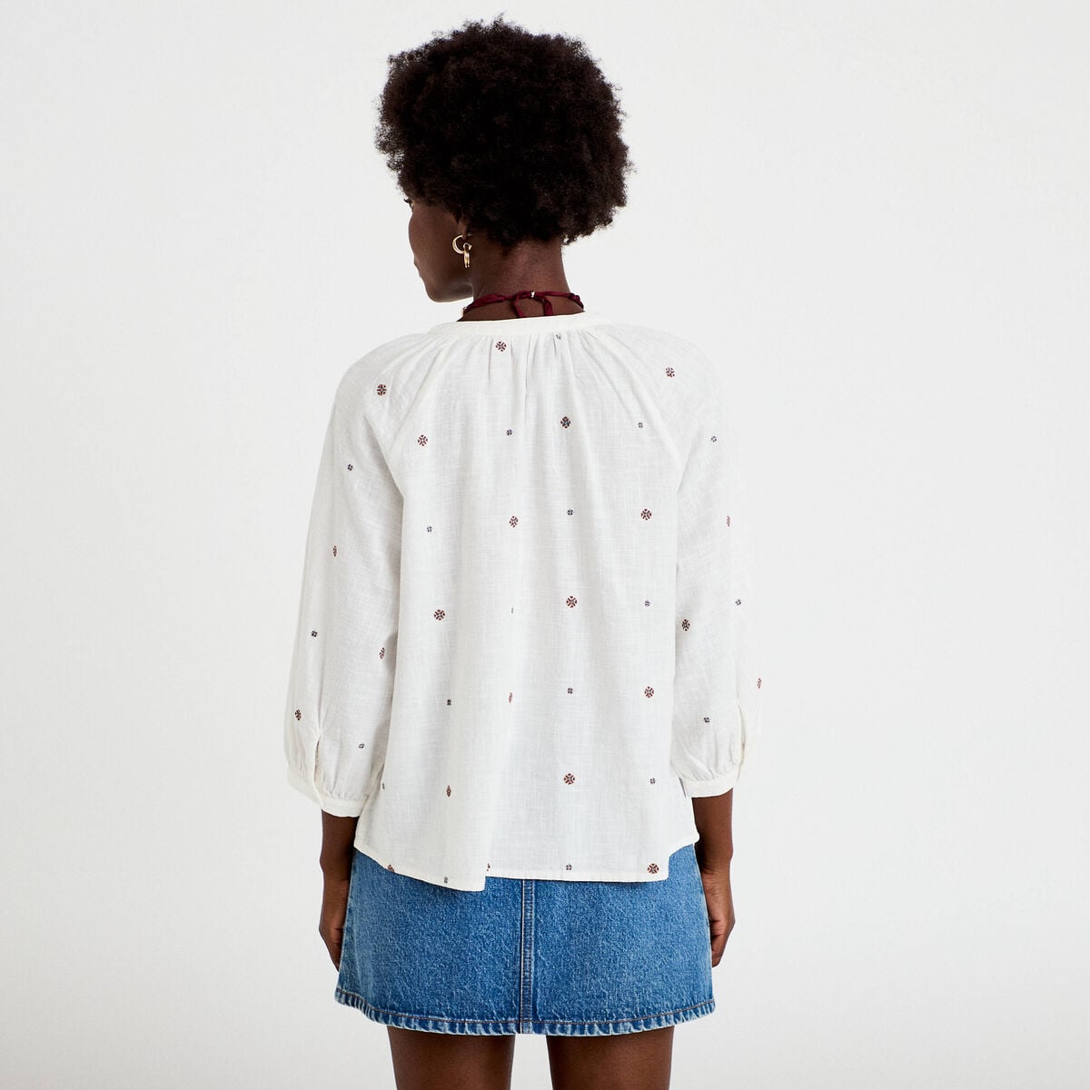 Blouse ample col tunisien manches 3/4 ecru femme