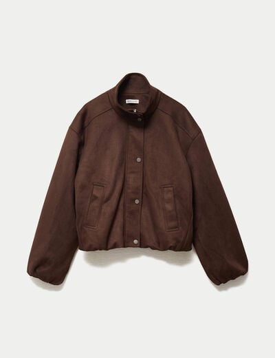 Veste effet boule col montant marron chocolat femme