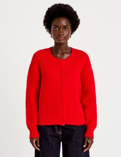 Gilet ample col rond manches longues rouge femme