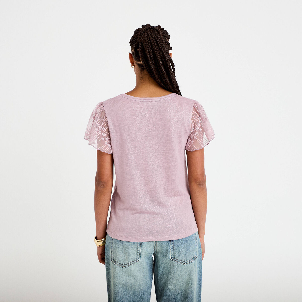 T-shirt manches dentelle parme femme