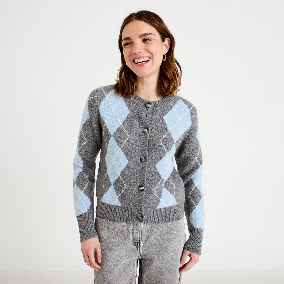 Cardigan col rond manches longues gris fonc&eacute; femme