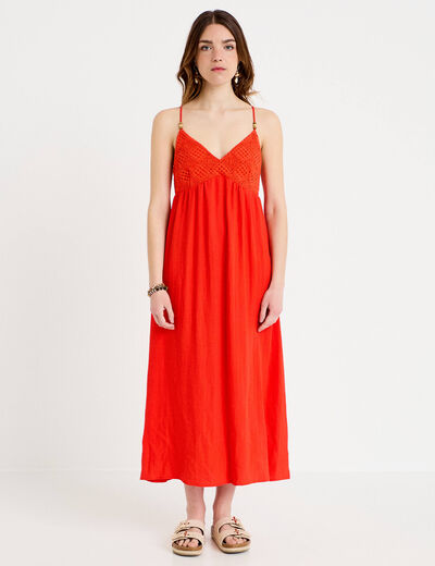 Robe bi-mati&egrave;re col v bretelles fines orange fonc&eacute; femme