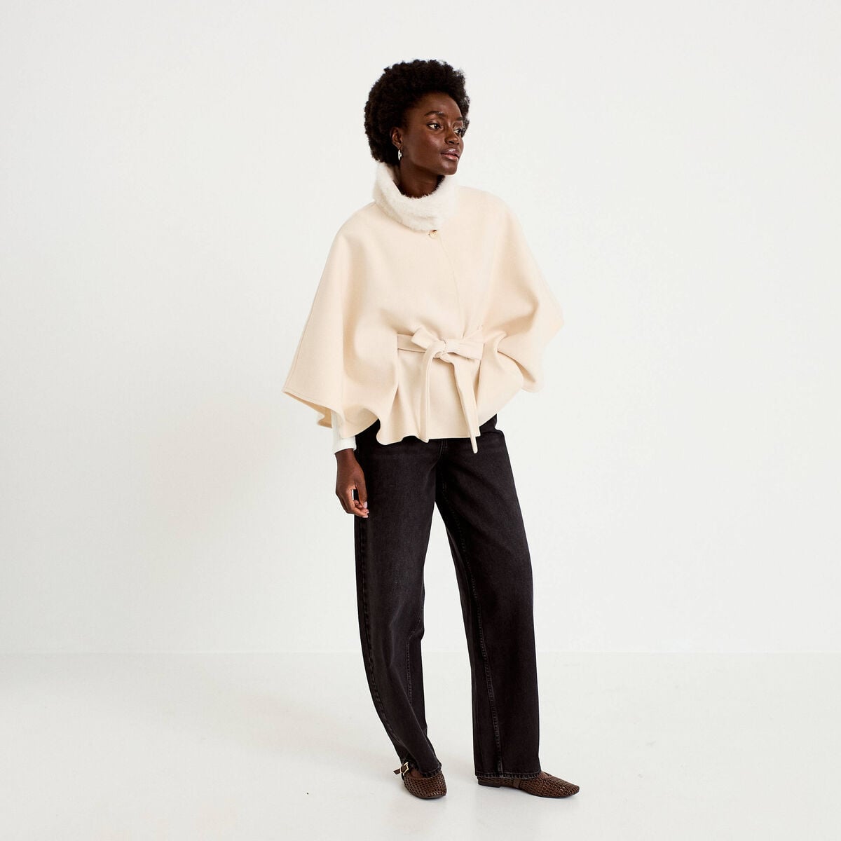 Poncho en fausse fourrure ivoire femme