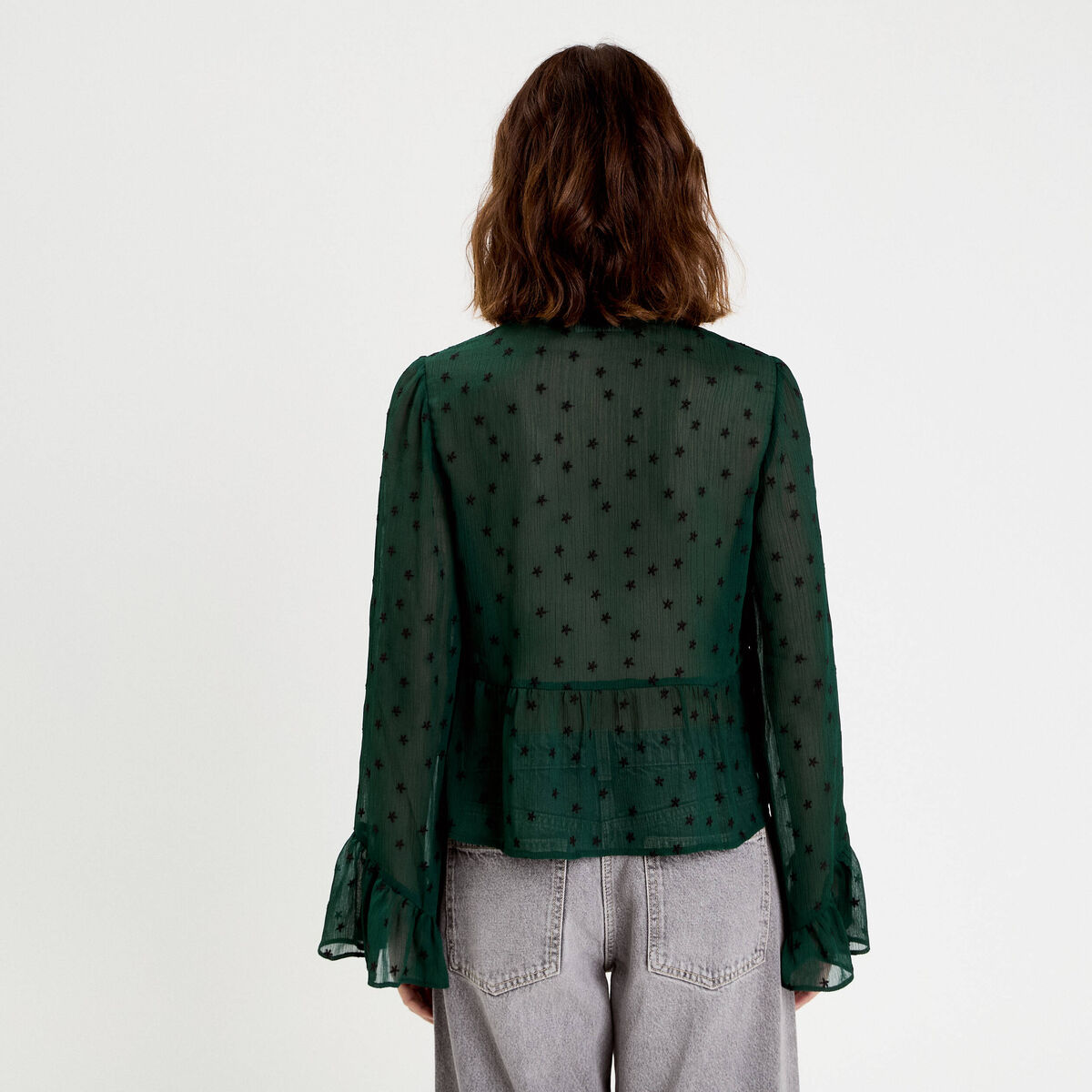 Blouse brod&eacute;e volant&eacute;e vert fonc&eacute; femme