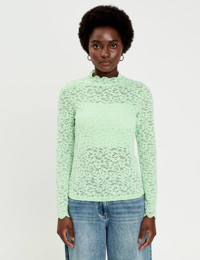 T-shirt dentelle manches longues vert pastel femme
