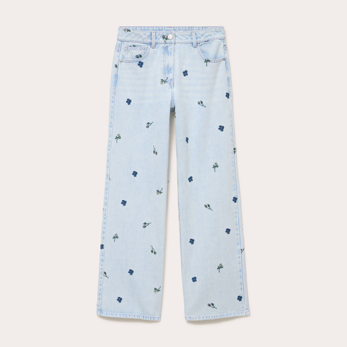 Jean wide leg brod&eacute; Bridgerton bleu clair femme