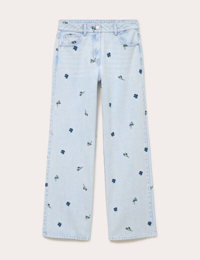 Jean wide leg brod&eacute; Bridgerton bleu clair femme