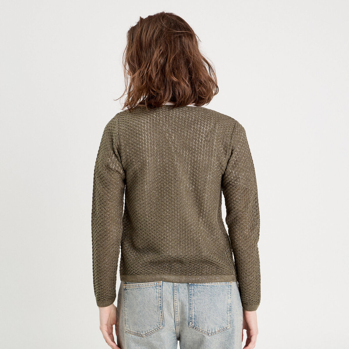 Gilet manches longues ajour&eacute; vert kaki femme
