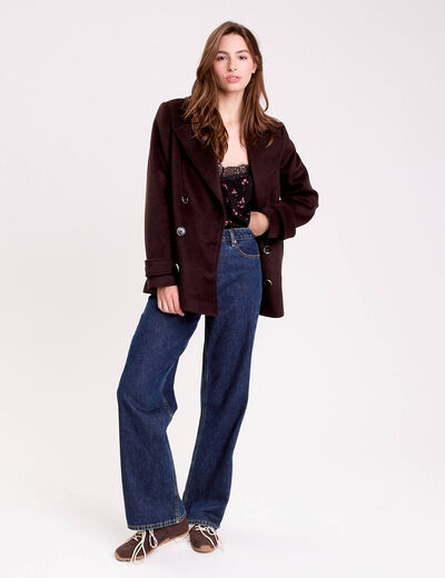 Caban col tailleur manches longues marron fonc&eacute; femme