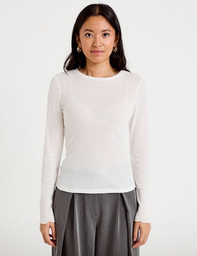 T-shirt ajust&eacute; col rond manches longues ecru femme