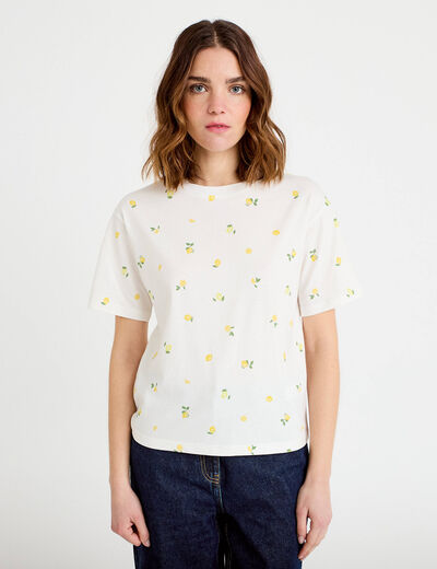T-shirt &agrave; motif manches courtes blanc femme
