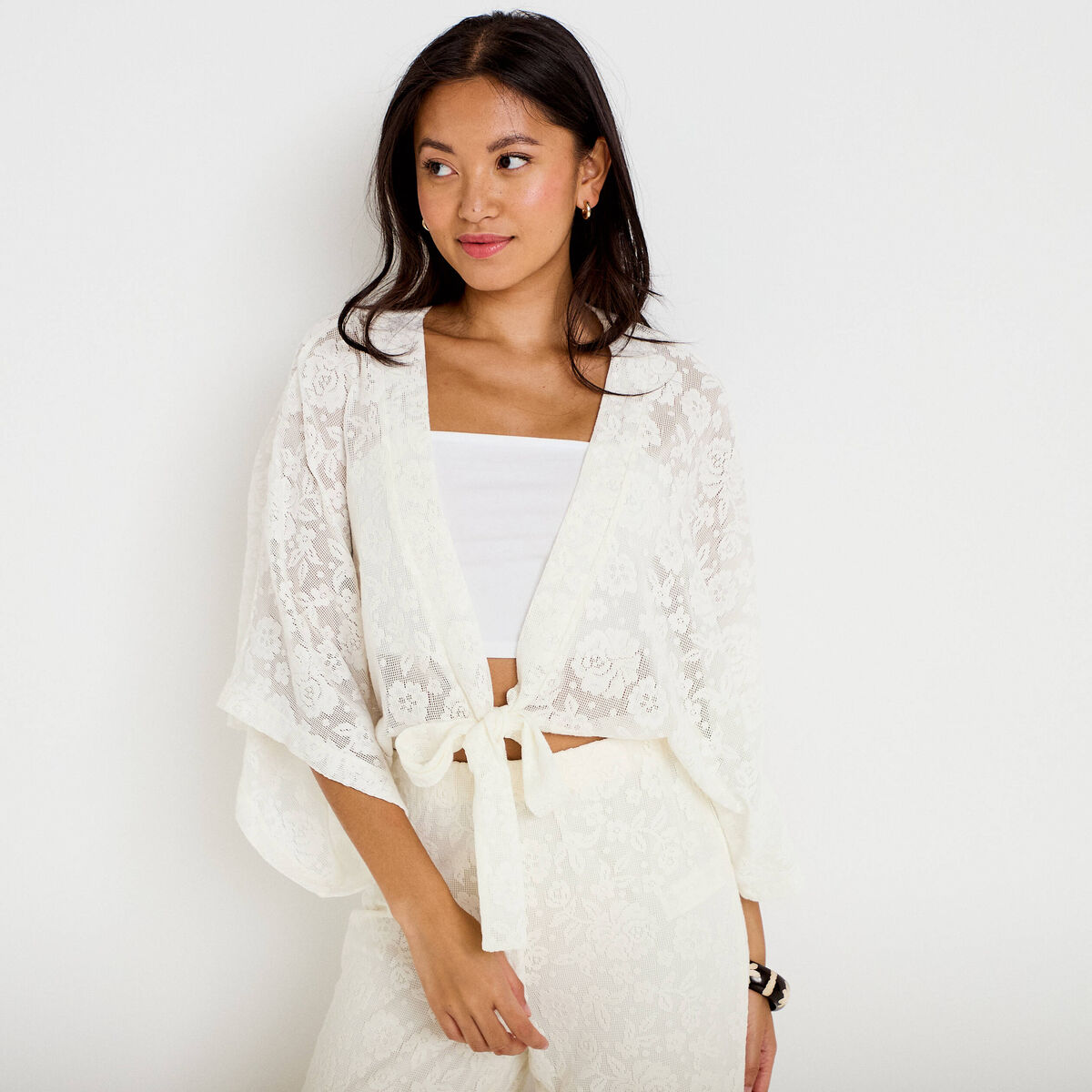 Kimono oversize ajour&eacute; ecru femme
