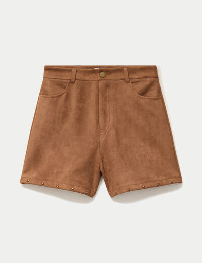 Short taille haute aspect daim clout&eacute; camel femme
