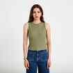 Top pliss&eacute; col rond manches courtes vert kaki femme