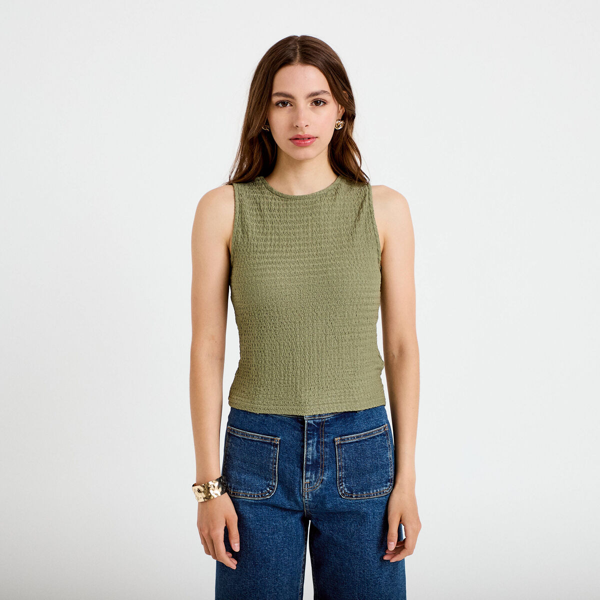 Top pliss&eacute; col rond manches courtes vert kaki femme