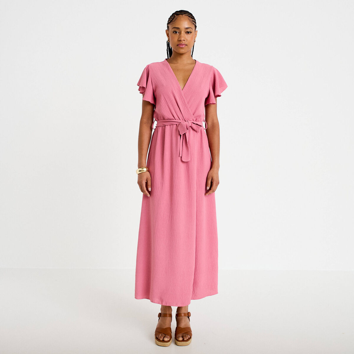 Robe longue &eacute;vas&eacute;e manches courtes vieux rose femme
