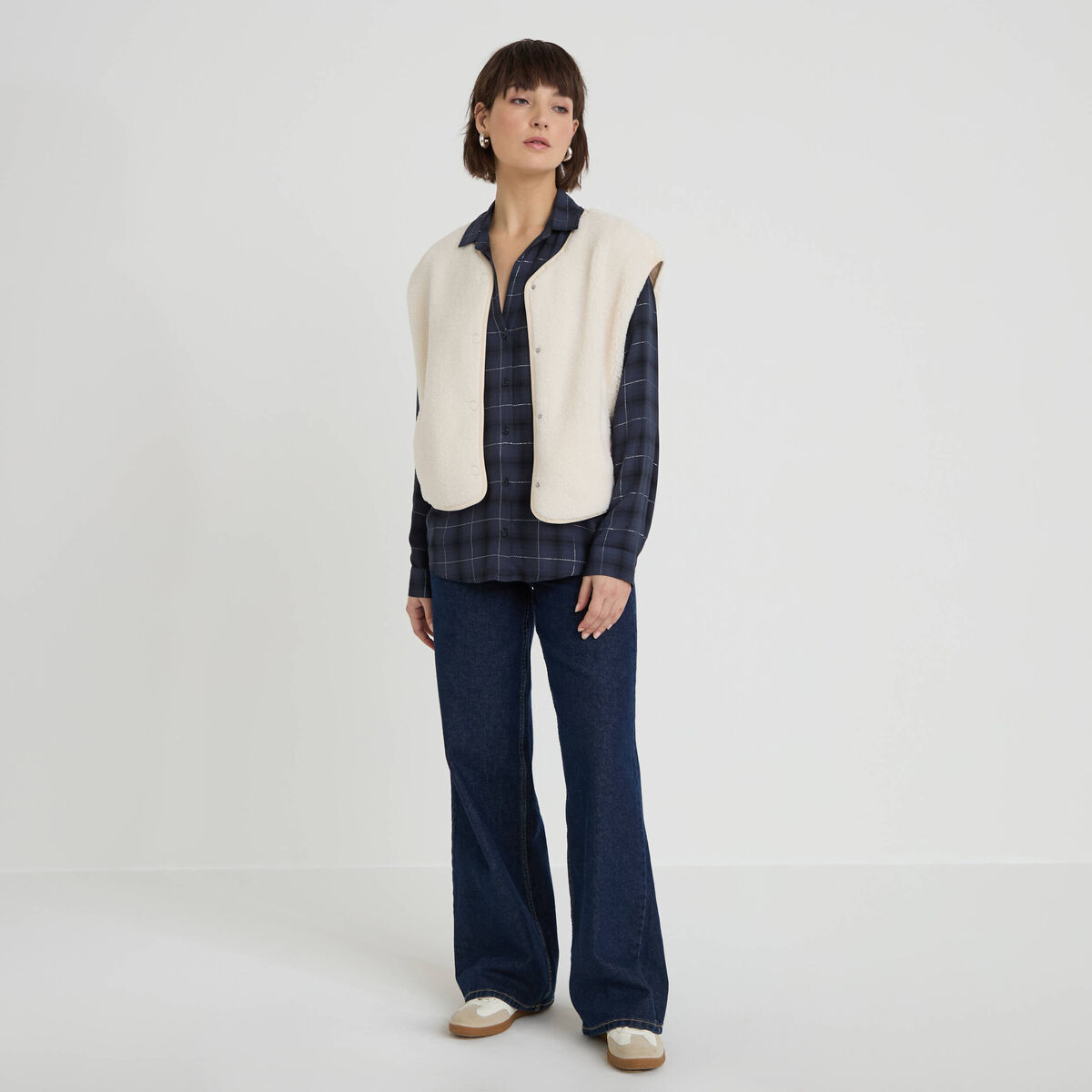 Chemise &agrave; carreaux fils m&eacute;tallis&eacute;s bleu fonc&eacute; femme