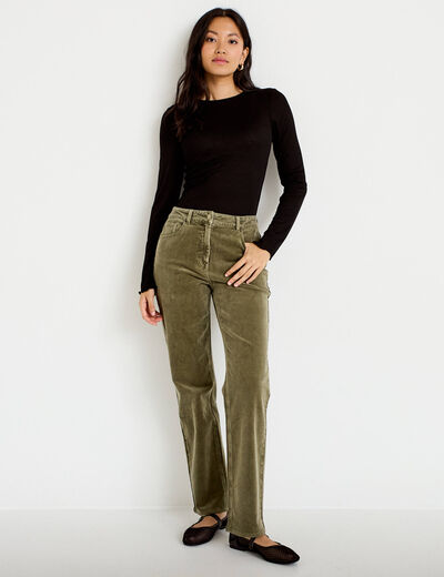 Pantalon droit en velours vert kaki femme