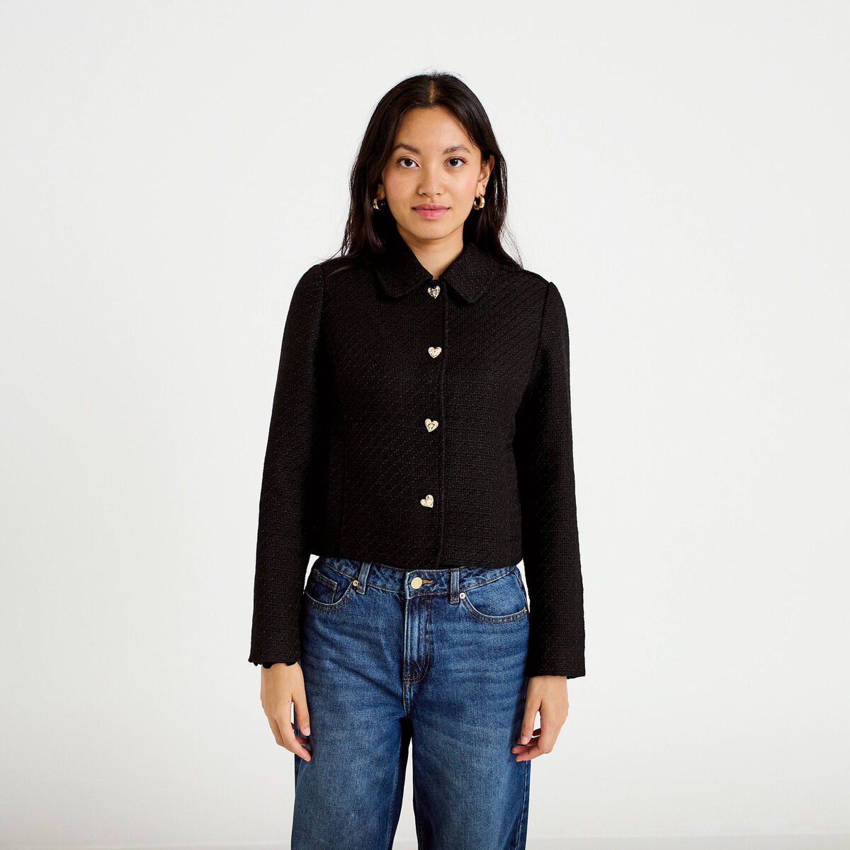 Veste droite en tweed col classique noir femme