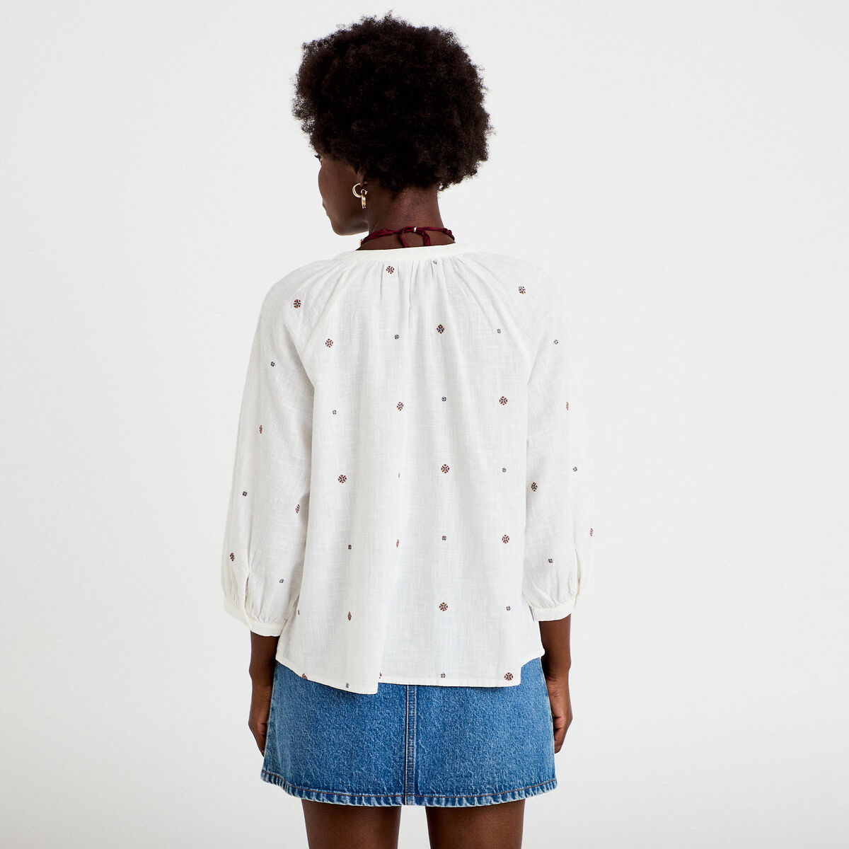 Blouse ample col tunisien manches 3/4 ecru femme