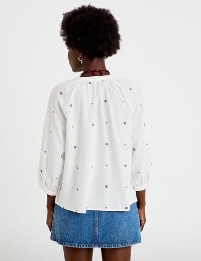 Blouse ample col tunisien manches 3/4 ecru femme