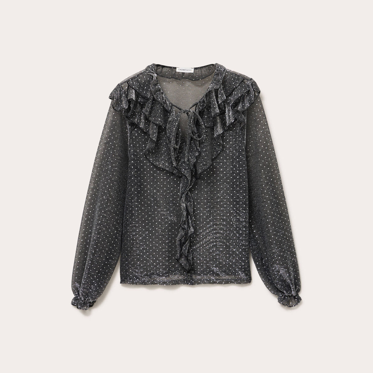 Blouse voile transparent paillet&eacute; gris argent femme