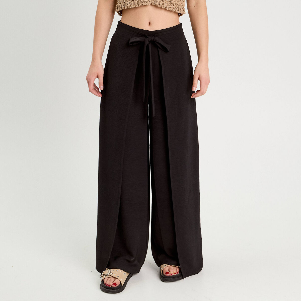 Pantalon large taille haute fluide noir femme