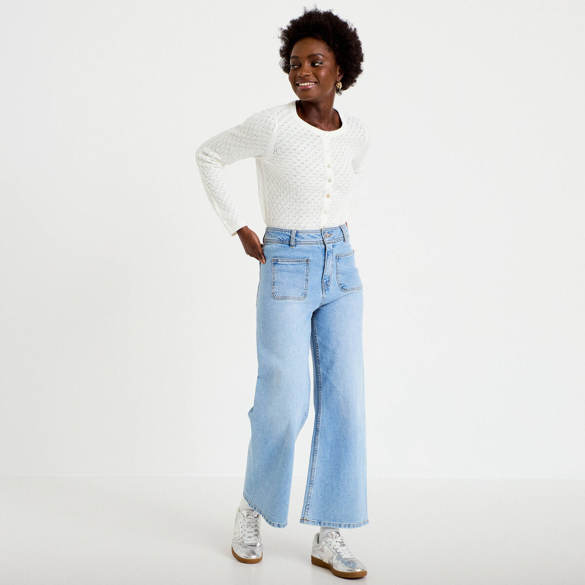 Jean wide leg cropped taille haute denim bleach femme