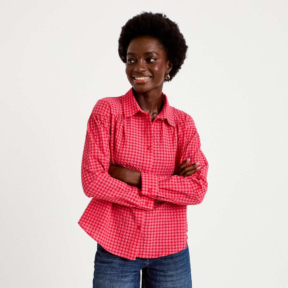 Chemise ample manches longues vichy rouge cerise femme