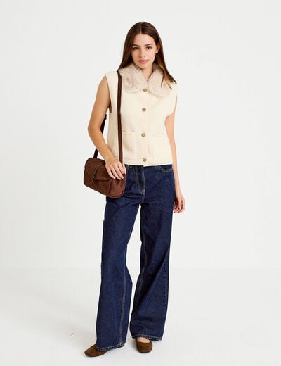 Gilet manches courtes fausse fourrure ecru femme