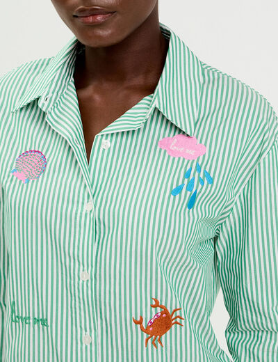 Chemise ray&eacute;e broderies fantaisie vert clair femme