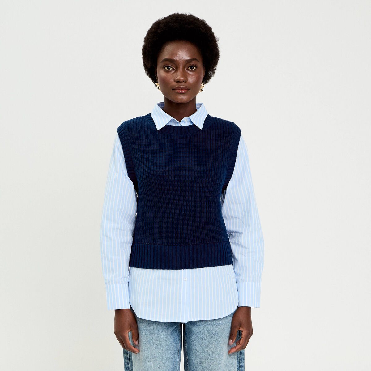 Pull chemise 2-en-1 bleu marine femme