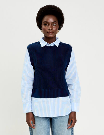 Pull chemise 2-en-1 bleu marine femme