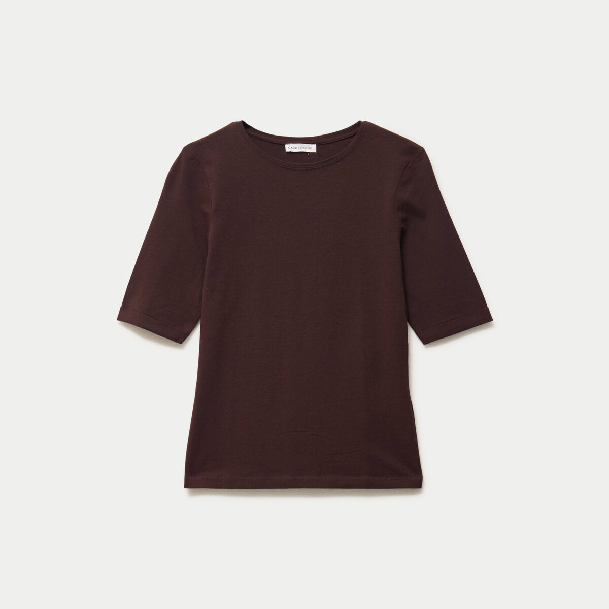T-shirt ajust&eacute; col rond manches courtes marron fonc&eacute; femme