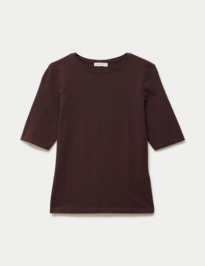 T-shirt ajust&eacute; col rond manches courtes marron fonc&eacute; femme