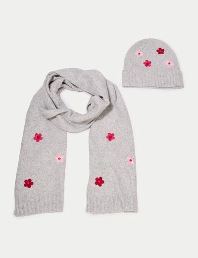 Lot &eacute;charpe bonnet avec broderie gris fonc&eacute; femme