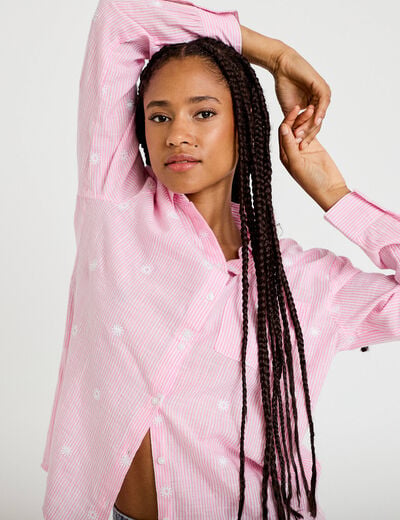 Chemise brod&eacute;e manches longues rose femme