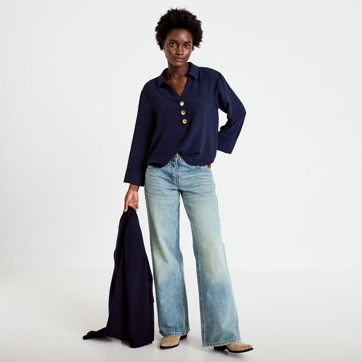 Blouse manches longues bleu marine femme
