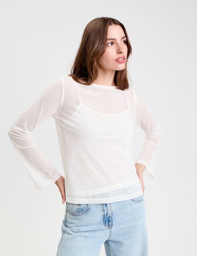 Top transparent col rond manches longues ecru femme