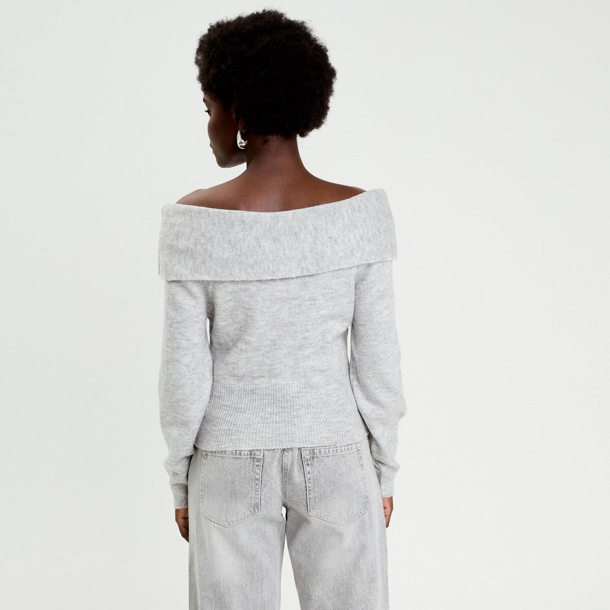 Pull col bardot manches longues gris clair femme