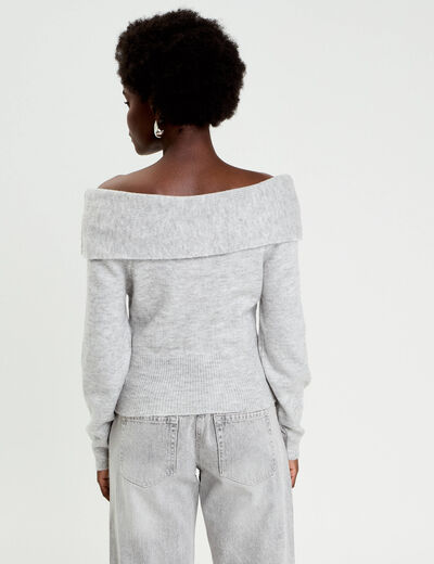 Pull col bardot manches longues gris clair femme