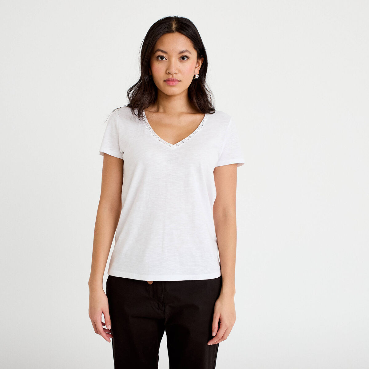 T-shirt col v manches courtes blanc femme