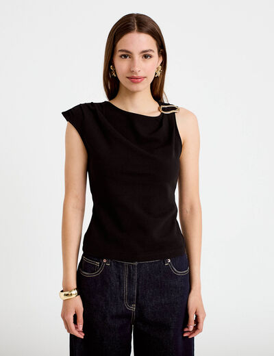 Top asym&eacute;trique d&eacute;tail bijou noir femme