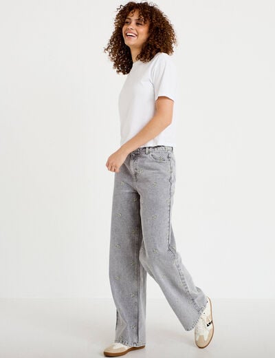 Jean wide leg taille haute brod&eacute; denim gris femme