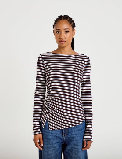 Top ajust&eacute; manches longues col rond marron femme